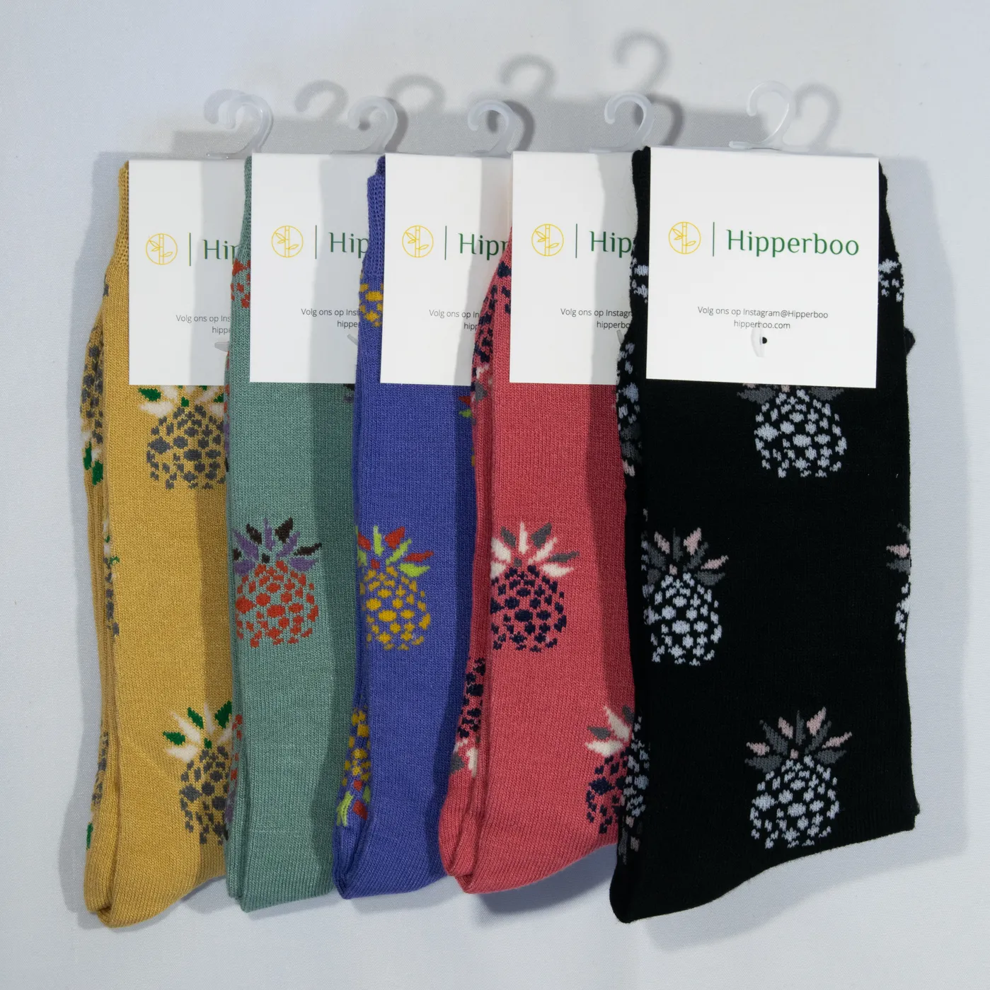 Vijf paar Hipperboo bamboe ananassokken in oker, mint, lavendel, koraal en zwart