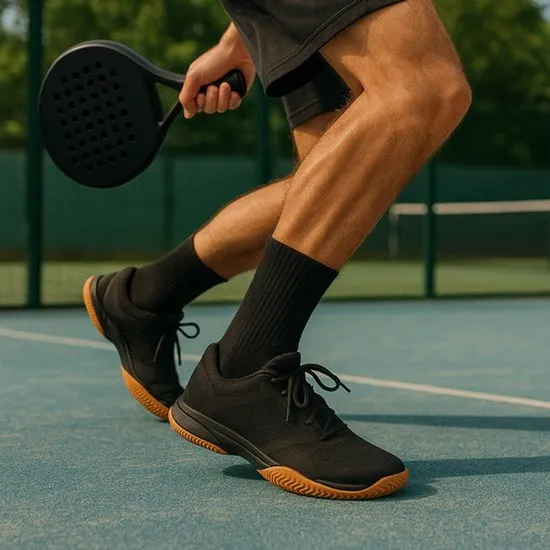 Padelspeler met zwarte Hipperboo sportsokken
