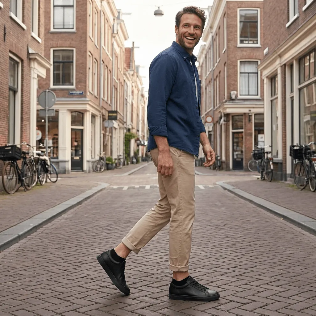 Man wandelt door een Nederlandse straat met Hipperboo sneakersokken